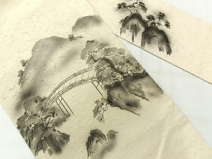 平和屋着物◎九寸名古屋帯 作家物 紬地 風景文 正絹 逸品 AABG0183uk