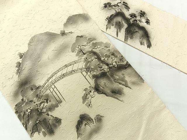 平和屋着物◎九寸名古屋帯 作家物 紬地 風景文 正絹 逸品 AABG0183uk