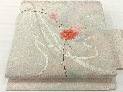 平和屋着物◎九寸名古屋帯 刺繍 熨斗花文 銀糸 銀彩 正絹 逸品 AABG0184uk