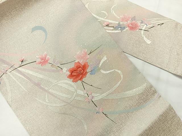 平和屋着物◎九寸名古屋帯 刺繍 熨斗花文 銀糸 銀彩 正絹 逸品 AABG0184uk