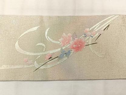 平和屋着物◎九寸名古屋帯 刺繍 熨斗花文 銀糸 銀彩 正絹 逸品 AABG0184uk