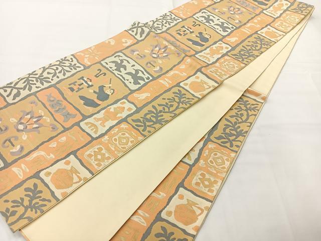 平和屋着物◎六通柄袋帯 人物花文 正絹 逸品 AABG0192uk