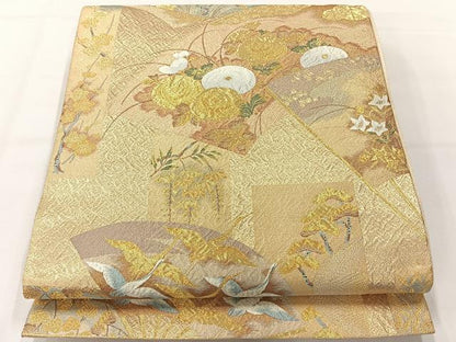平和屋着物◎六通柄袋帯 扇面短冊文 金糸 正絹 逸品 AABG0200uk