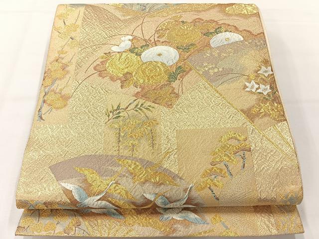平和屋着物◎六通柄袋帯 扇面短冊文 金糸 正絹 逸品 AABG0200uk