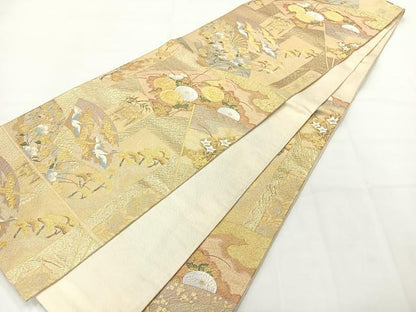 平和屋着物◎六通柄袋帯 扇面短冊文 金糸 正絹 逸品 AABG0200uk