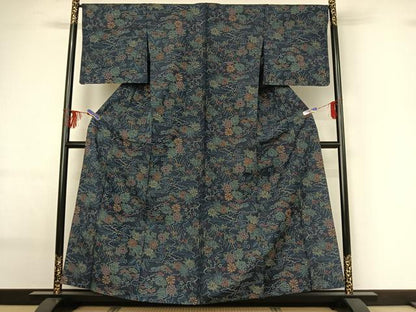 平和屋着物▽上質な紬 単衣 流水花文 正絹 逸品 AABG0202jh