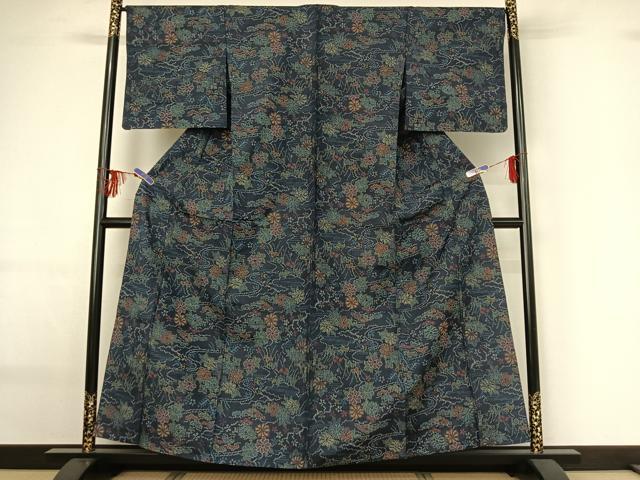 平和屋着物▽上質な紬 単衣 流水花文 正絹 逸品 AABG0202jh