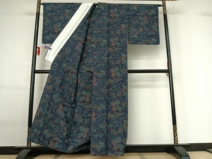 平和屋着物▽上質な紬 単衣 流水花文 正絹 逸品 AABG0202jh