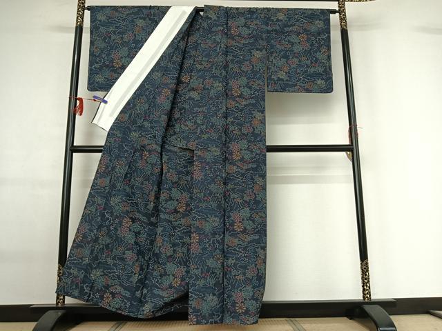 平和屋着物▽上質な紬 単衣 流水花文 正絹 逸品 AABG0202jh