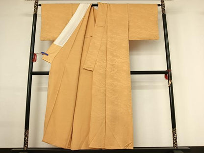 平和屋着物▽上質な色無地 単衣 芝地紋 杏色 正絹 逸品 AABG0206jh