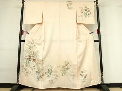 平和屋着物▽訪問着 単衣 刺繍 草花文 正絹 逸品 AABG0210jh