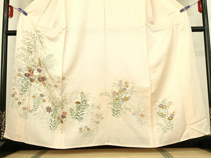 平和屋着物▽訪問着 単衣 刺繍 草花文 正絹 逸品 AABG0210jh
