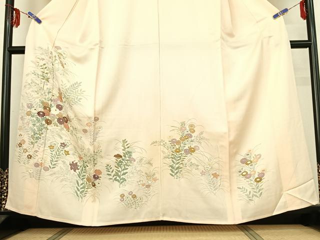 平和屋着物▽訪問着 単衣 刺繍 草花文 正絹 逸品 AABG0210jh
