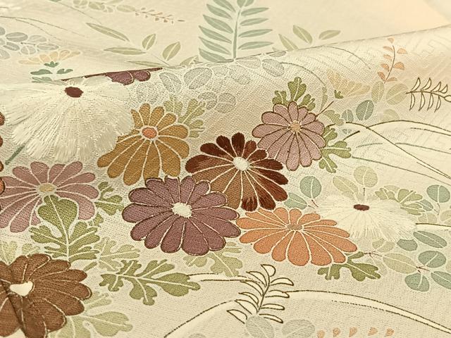 平和屋着物▽訪問着 単衣 刺繍 草花文 正絹 逸品 AABG0210jh