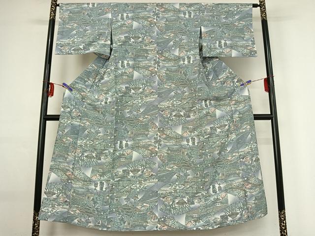 平和屋着物▽上質な小紋　単衣　手描き　地紙風景文　暈し染め　正絹　逸品　AABG0211jh