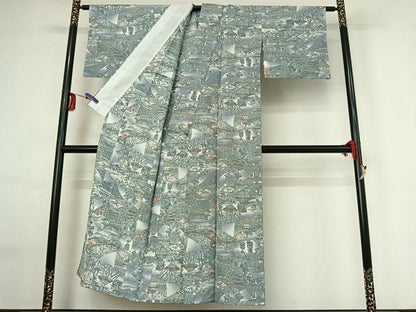 平和屋着物▽上質な小紋　単衣　手描き　地紙風景文　暈し染め　正絹　逸品　AABG0211jh
