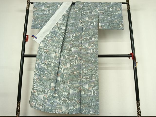 平和屋着物▽上質な小紋　単衣　手描き　地紙風景文　暈し染め　正絹　逸品　AABG0211jh