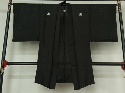 平和屋着物▽男性　羽織　黒紋付　スリーシーズン　春夏秋　塵除け　暗黒色　正絹　逸品　AABG0215jh