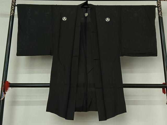 平和屋着物▽男性　羽織　黒紋付　スリーシーズン　春夏秋　塵除け　暗黒色　正絹　逸品　AABG0215jh