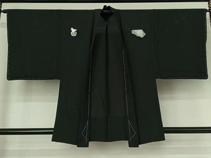 平和屋着物▽男性 羽織 黒紋付 スリーシーズン 春夏秋 塵除け 暗黒色 正絹 逸品 AABG0218jh