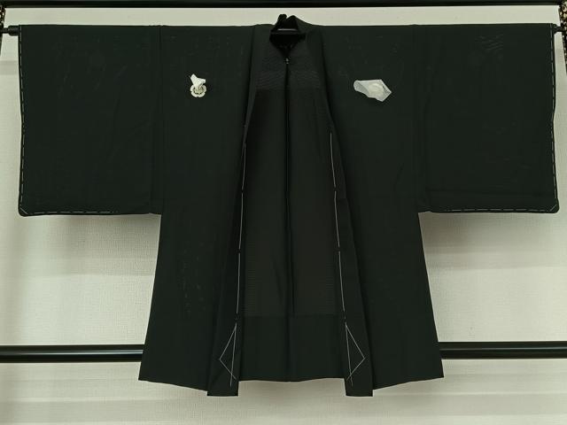 平和屋着物▽男性 羽織 黒紋付 スリーシーズン 春夏秋 塵除け 暗黒色 正絹 逸品 AABG0218jh