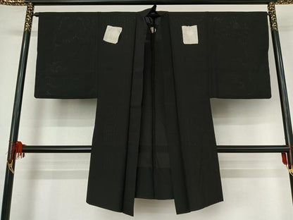 平和屋着物▽男性 羽織 黒紋付 スリーシーズン 春夏秋 塵除け 暗黒色 正絹 逸品 AABG0219jh