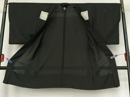 平和屋着物▽男性 羽織 黒紋付 スリーシーズン 春夏秋 塵除け 暗黒色 正絹 逸品 AABG0219jh