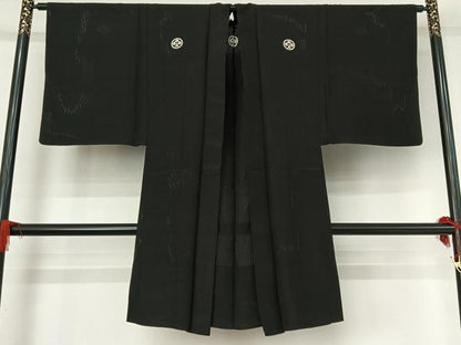 平和屋着物▽男性 羽織 黒紋付 スリーシーズン 春夏秋 塵除け 暗黒色 正絹 逸品 AABG0220jh