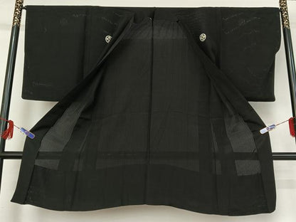 平和屋着物▽男性 羽織 黒紋付 スリーシーズン 春夏秋 塵除け 暗黒色 正絹 逸品 AABG0220jh
