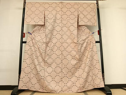 平和屋着物▽上質な紬　単衣　菱繋ぎ　正絹　逸品　AABG0222jh