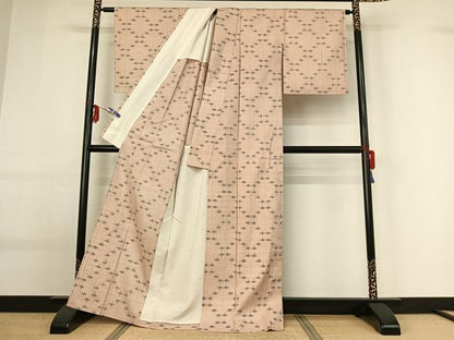 平和屋着物▽上質な紬　単衣　菱繋ぎ　正絹　逸品　AABG0222jh