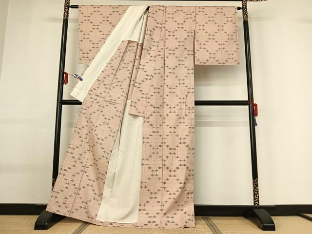 平和屋着物▽上質な紬　単衣　菱繋ぎ　正絹　逸品　AABG0222jh