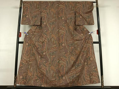 平和屋着物▽上質な小紋 単衣 紬地 更紗花文 正絹 逸品 AABG0230jh