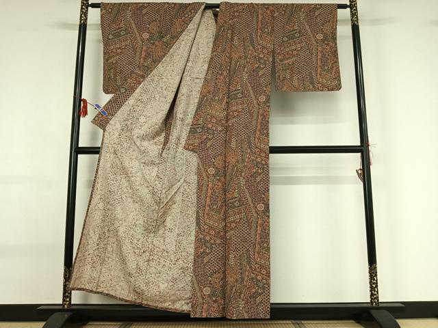平和屋着物▽上質な小紋 単衣 紬地 更紗花文 正絹 逸品 AABG0230jh