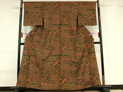 平和屋着物▽上質な紬 単衣 手描き 横段更紗花文 正絹 逸品 AABG0231jh