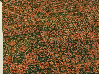 平和屋着物▽上質な紬 単衣 手描き 横段更紗花文 正絹 逸品 AABG0231jh