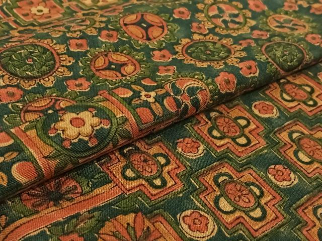 平和屋着物▽上質な紬 単衣 手描き 横段更紗花文 正絹 逸品 AABG0231jh