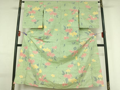 平和屋着物▽上質な紬 単衣 草花文 正絹 逸品 AABG0232jh