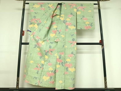 平和屋着物▽上質な紬 単衣 草花文 正絹 逸品 AABG0232jh