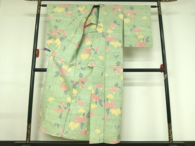 平和屋着物▽上質な紬 単衣 草花文 正絹 逸品 AABG0232jh