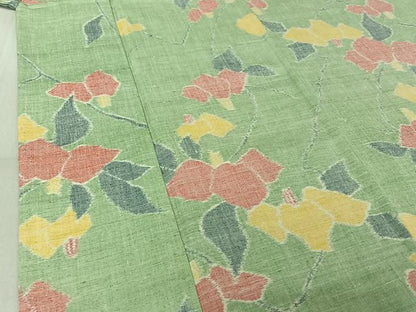 平和屋着物▽上質な紬 単衣 草花文 正絹 逸品 AABG0232jh