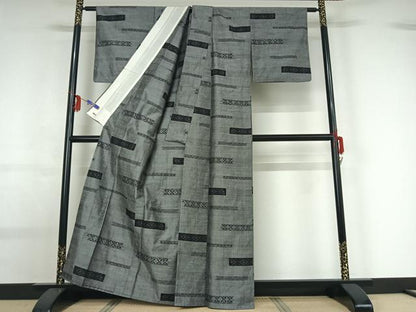 平和屋着物▽上質な紬 単衣 横段文 三越扱い 正絹 逸品 AABG0233jh