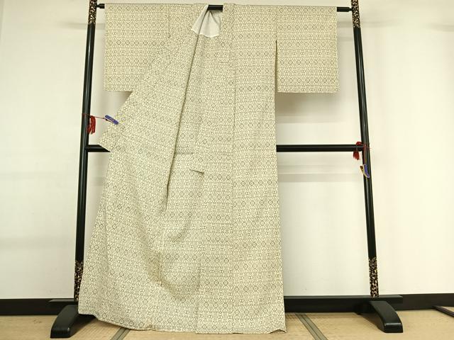 平和屋着物▽本塩沢　単衣　横段花文　正絹　逸品　AABG0247jh