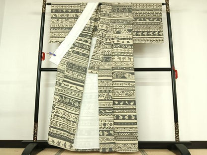 平和屋着物▽本塩沢 単衣 横段花鳥文 正絹 逸品 AABG0250jh