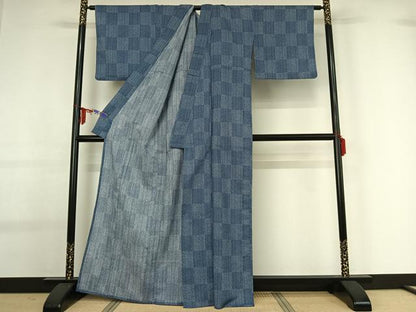 平和屋着物▽小紋 単衣 市松文様 洗える着物 AABG0256jh