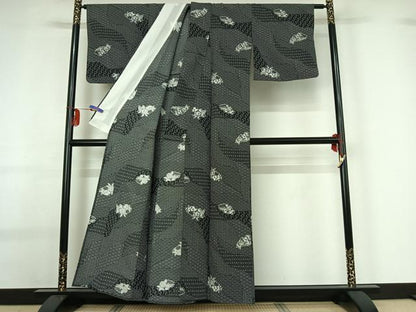 平和屋着物▽小紋 単衣 辻が花 黒地 洗える着物 AABG0260jh