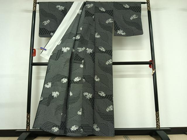 平和屋着物▽小紋 単衣 辻が花 黒地 洗える着物 AABG0260jh