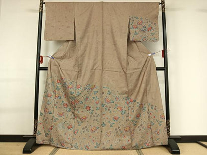 平和屋着物▽訪問着　単衣　刺子　草花文　正絹　逸品　AABG0266jh