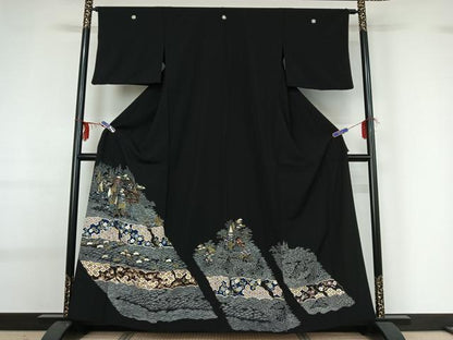 平和屋着物▽豪華黒留袖 単衣 刺繍 風景吉祥花文 金糸 金彩 正絹 逸品 AABG0271jh