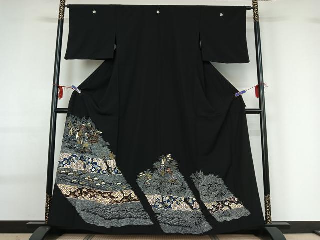 平和屋着物▽豪華黒留袖 単衣 刺繍 風景吉祥花文 金糸 金彩 正絹 逸品 AABG0271jh